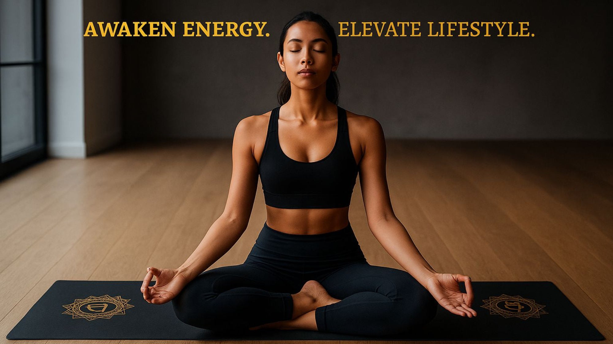 Woman in black athletic wear meditating on a mat with Veloura branding and text.